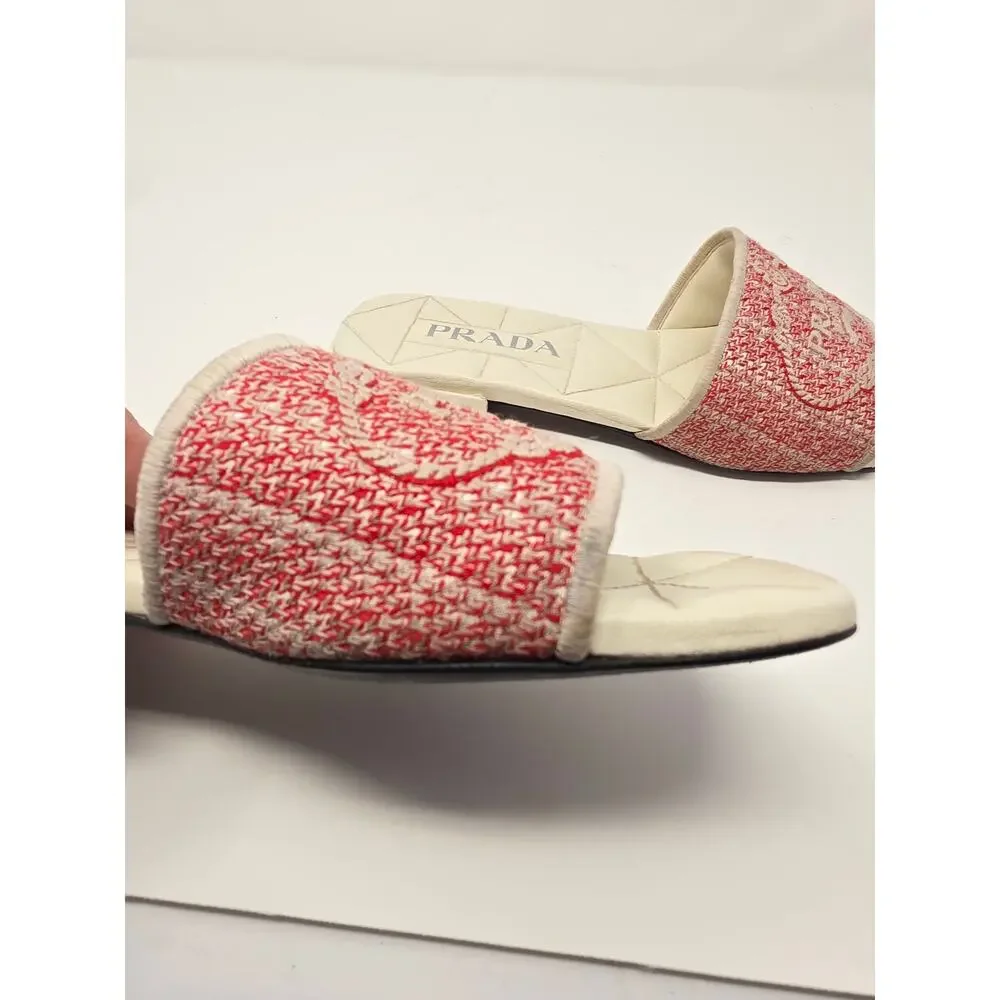 Prada Logo Jacquard Slide Sandals Red White Flat Day Quilted Woven 37.5 7.5